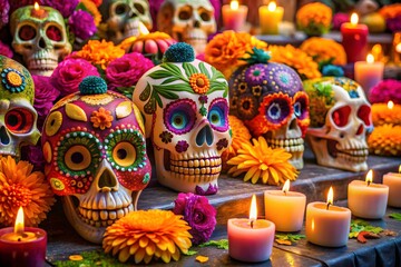 Wall Mural - Dia de los muertos mexican day of the dead table composition with skull,candles,flowers
