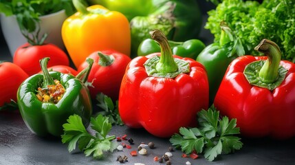 Wall Mural - green, red and yellow Peppers, kitchen background,  