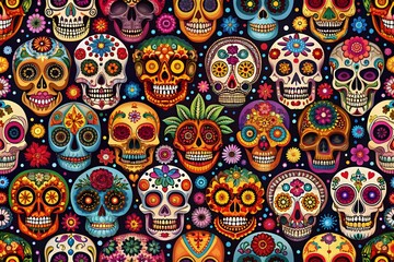 Wall Mural - Day of the Dead skulls pattern. Mexican dead Cat. Dia de los muertos print. Day of the dead and Mexican tradition festival. Day of the dead sugar skull isolated. Dia de los Muertos tattoo skulls.
