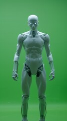 Poster - A robot standing on a green screen with his arms out. AI.