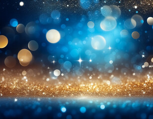 Wall Mural - Sparkling Christmas Glitter Background with Gold and Blue Bokeh