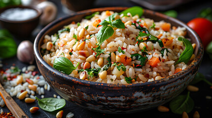 Spinach and Pine Nut Pilaf cooked with toasted pine nuts, spinach, onions, garlic, and vegetable broth.