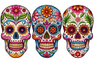 Wall Mural - Mexican Sugar skulls, Day of the dead vector illustration on white background