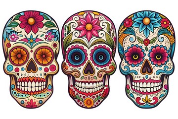 Wall Mural - Mexican Sugar skulls, Day of the dead vector illustration on white background