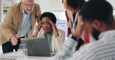 Poster - Business meeting, stress and people with laptop in office for website, glitch and troubleshooting. Frustrated, developer and employee with tech at desk for network launch, fail and programming error