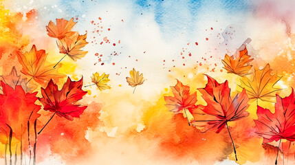 Wall Mural - A painting of a bunch of red leaves with a blue background.