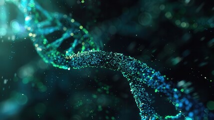 Poster - A vibrant double helix structure of DNA floats in an abstract, luminous background filled with shimmering particles and intricate colors. Generative AI