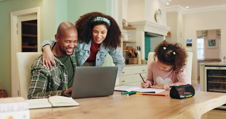 Wall Mural - Parents, man and excited for email, woman and reading of winning of author competition and online. Kitchen, writing and daughter with smile, homework and black family in house, celebration and writer