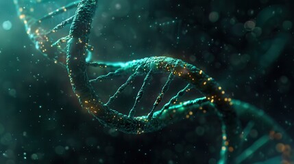 Poster - An abstract double helix structure of DNA glistens in a captivating interplay of blue and green light, creating a mesmerizing and scientific visual effect. Generative AI