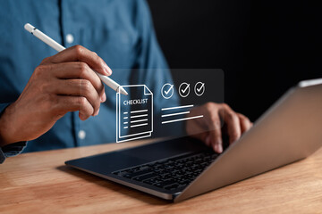 Leinwandbilder - Quality Certificate and Checklist document analyst target marketing planning assignment with quality management. Standardization, certification. Compliance to regulations service and standards.