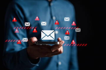 Poster - Alert Email inbox and spam virus with warning caution for notification on internet letter security protect, junk and trash mail and compromised information.