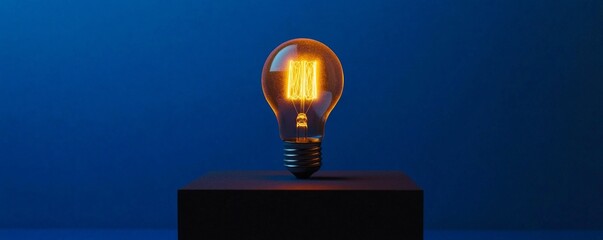 Aufkleber - Illuminated light bulb on black pedestal against blue background