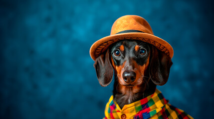 Wall Mural - German dachshund wearing a cosstume in front of a blue background 