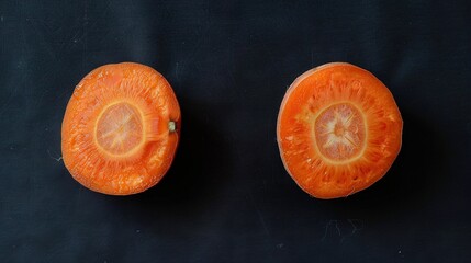 Wall Mural -   A pair of orange wedges placed on a dark wooden table under a black tablecloth