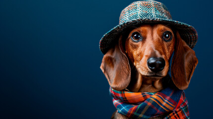 Wall Mural - German dachshund wearing a cosstume in front of a blue background 