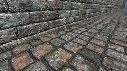  Cobblestone street with stop sign on brick wall background