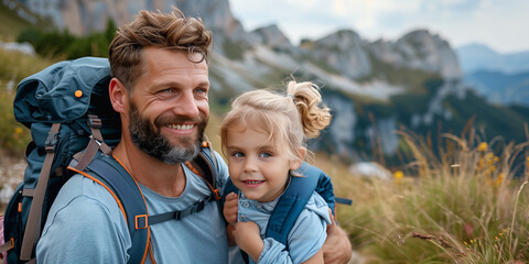 Canvas Print - Handsome man and his cute child hiking and climbing mountain.