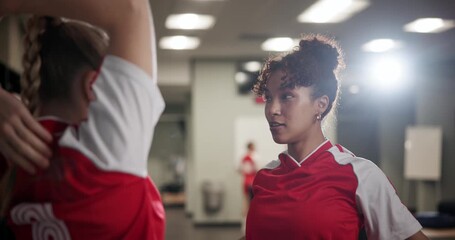 Poster - Soccer player women, stretching and talking in locker room of venue for game, match or sports. Exercise, fitness and warm up with friends getting ready for football challenge, competition or training