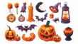 © Ritthichai - Spooky Halloween Clipart Collection: A spooky Halloween clipart collection featuring jack-o-lanterns, bats, witches hats, candles, and lanterns, perfect for Halloween decorations, invitations, and mor