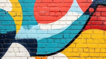 Colorful graffiti mural on brick wall, featuring abstract shapes in vibrant blue, yellow, red, and white hues. Urban street art.