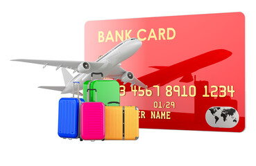 Poster - Credit card and airplane with baggages. Fly Travel concept. 3D rendering isolated on transparent background