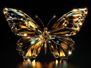 Wall Mural - Elegant, shiny golden amber crystal butterfly on a black background.