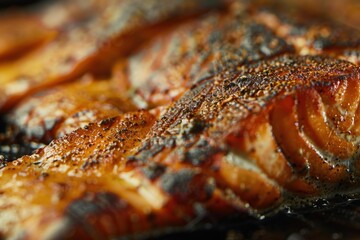 Closeup of succulent, juicy grilled salmon with char marks, a rich source of omega3, prepared in a rustic, gourmet style, perfect for a healthy, elegant dinner meal