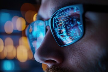 Poster - Software developer working at night with code reflecting in his glasses
