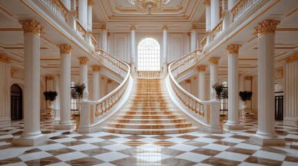 Poster - Elegant white marble staircase leading upwards in luxurious entrance hall