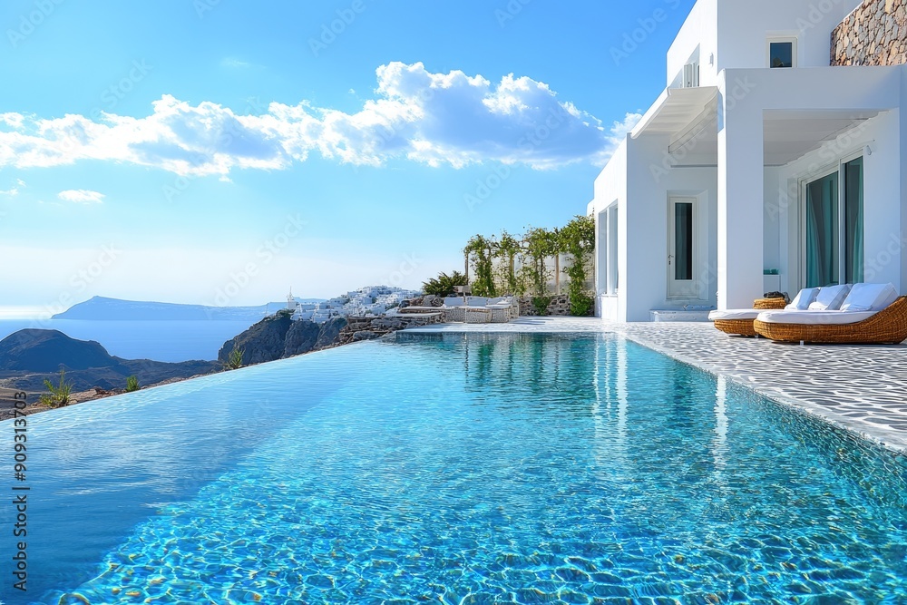 Infinity pool overlooking the aegean sea with traditional greek houses ...