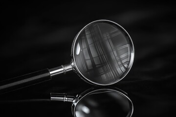 Magnifying glass on black background exploring the unknown