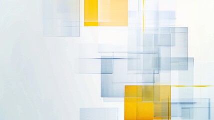 Wall Mural - Minimalist Business Background with Blue Border, Transparent Checkered Patterns, and Yellow Squares on White Background. Clean Design with Copy Space for Text.