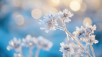 Poster - Frozen flower covered by snow on a sunny winter day