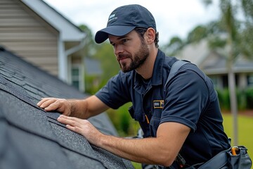 Roofing contractor is inspecting a roof for damage