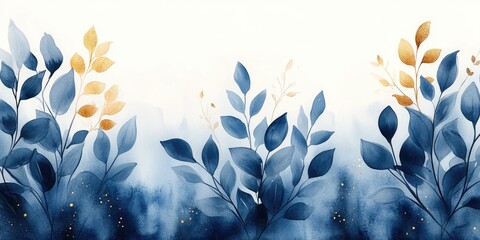 Poster - Watercolor blue and gold leaves creating elegant background