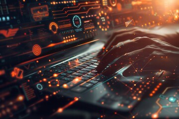 Leinwandbilder - A hacker's hands rapidly type on a keyboard, surrounded by glowing digital symbols and codes, creating an atmosphere of high-tech activity. Generative AI
