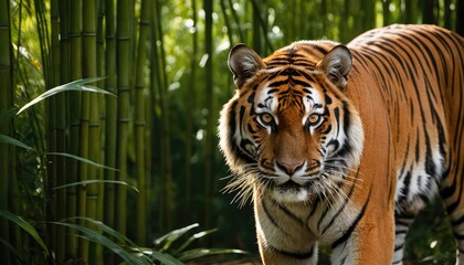 A regal tiger glides gracefully along a forest path, surrounded by towering bamboo stalks. Its eyes gleam with the wisdom of the wild, and each step is a testament to the harmony and raw beauty of nat