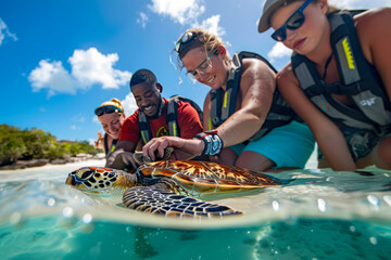 Marine biologists tagging and releasing a rescued sea turtle into the ocean, sunny day