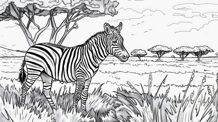 Zebra animal in Africa safari wildlife nature coloring book page outline black white monochrome contour drawing, grass, trees, illustration art. Children kids school education, line, doodle, character