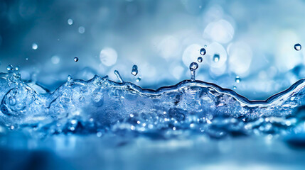 Blue water liquid drop splash background. Ripple motion and bubbles, clean fresh drink purity, clear nature aqua flow, cold, freshness, droplet, drip, macro, spray