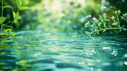 Closeup of green purity water stream liquid and plants around. Environment and ecology, sunlight in clear flora nature, beautiful outdoor herb, freshness