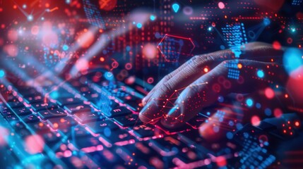 Aufkleber - A hacker types intently on a keyboard, surrounded by a vibrant overlay of digital symbols and codes, highlighting a high-tech atmosphere. Generative AI