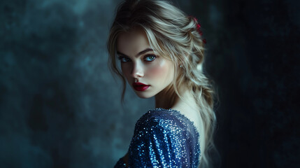 Wall Mural - young woman arround 21 years old, with long natural blonde hair, green eyes, wear long blue evening dress with tiny silver crystails all over it, red lipstick 