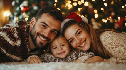 Canvas Print - 
A handsome man and a beautiful woman with a cute child are leaning close together. Christmas, idol, Christmas tree