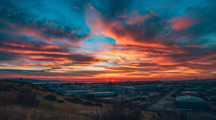 Sunset sky over industrial area with factory buildings. Gas pollution station tower architecture, chemical oil fuel environment, petroleum energy plant, petrochemical refinery manufacturing business