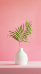 Poster - Palm leaf in white vase against pink background, minimalist design. Contemporary art and interior decor concept