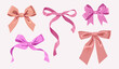 © Unaanya - Hand drawn silk bows. Trendy girls hair braiding accessories.  Birthday gifts pink ribbon decoration, holidays gift boxes packaging elements flat vector illustration set.