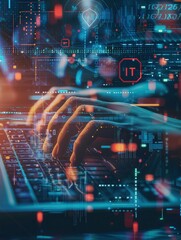 Aufkleber - A hacker is intently typing on a keyboard, illuminated by various digital symbols and codes that create a cybernetic atmosphere. Generative AI