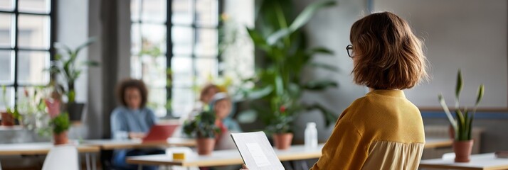 Modern Office Presentation:  A  woman in a yellow sweater stands with her back to the camera, giving a presentation in a modern, plant-filled office space. Her laptop and the attentive faces of her co