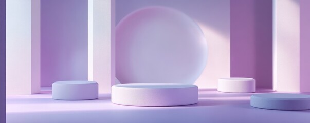 Poster - Contemporary minimalist interior with rounded platforms and soft purple lighting, abstract geometric design concept